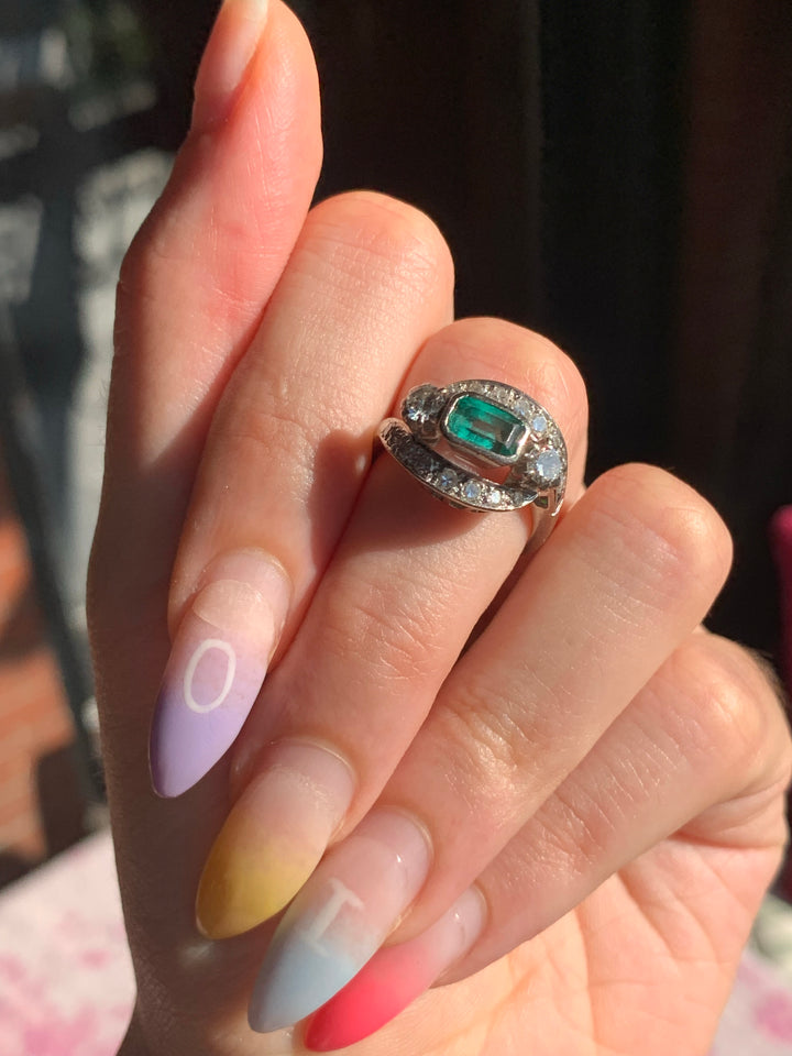 Emerald & Platinum Post-Deco Ring