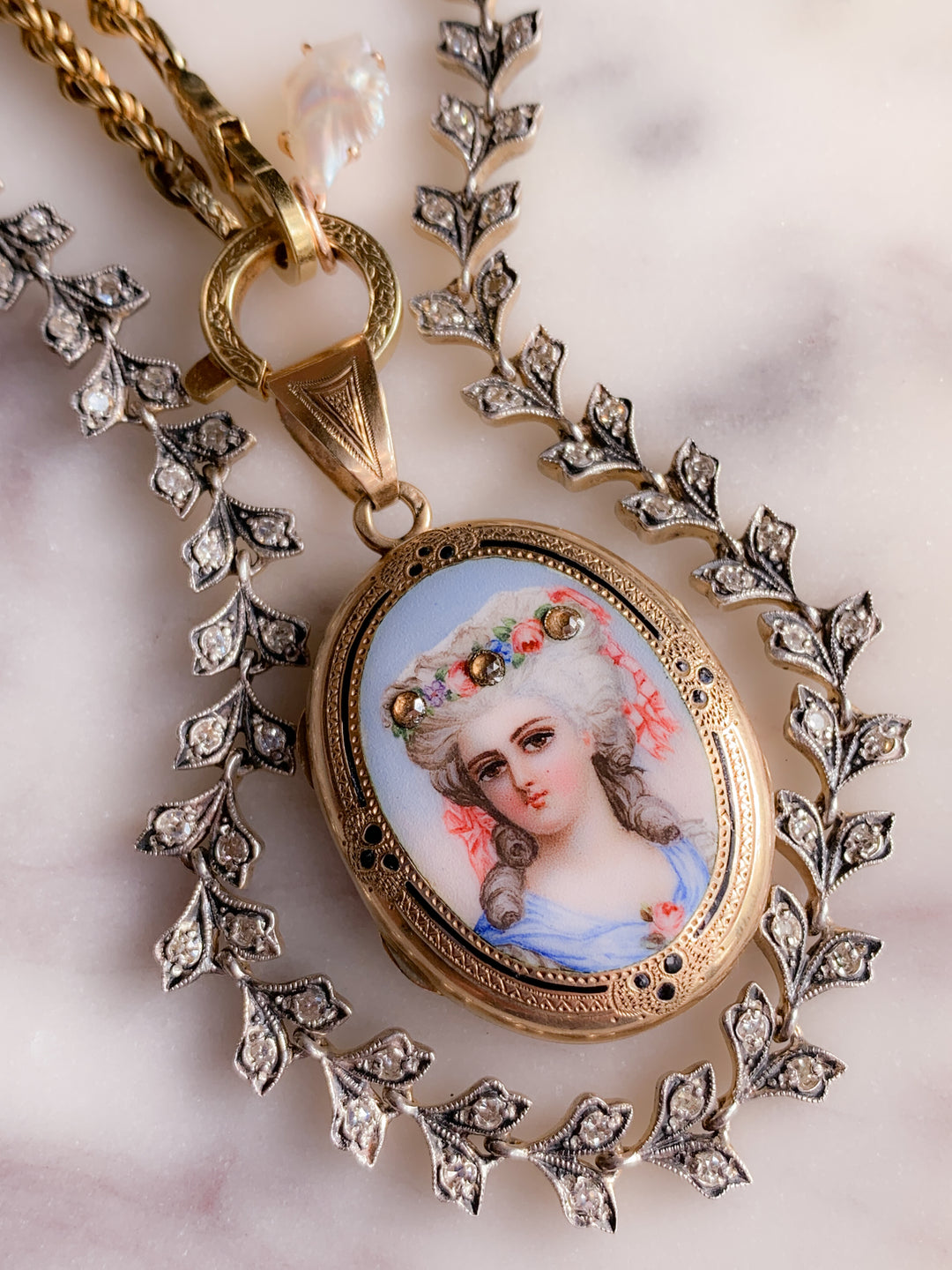 Victorian Portrait Locket of an 18th C Woman with Rose Diamonds