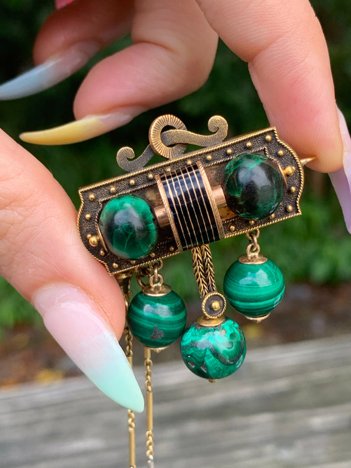 14k Victorian 1860’s Malachite and Black Enamel Ball Brooch
