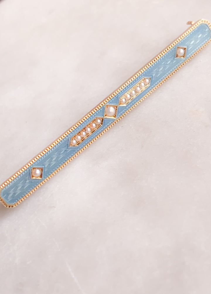 Blue Enamel Bar Brooch with Pearls, Circa 1910