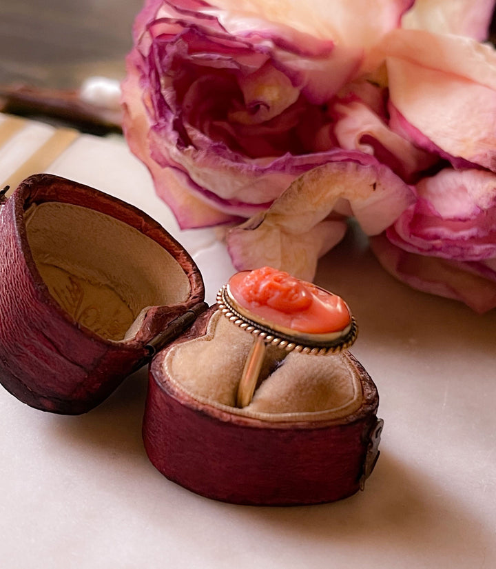 Coral Cameo Ring Set in 14k