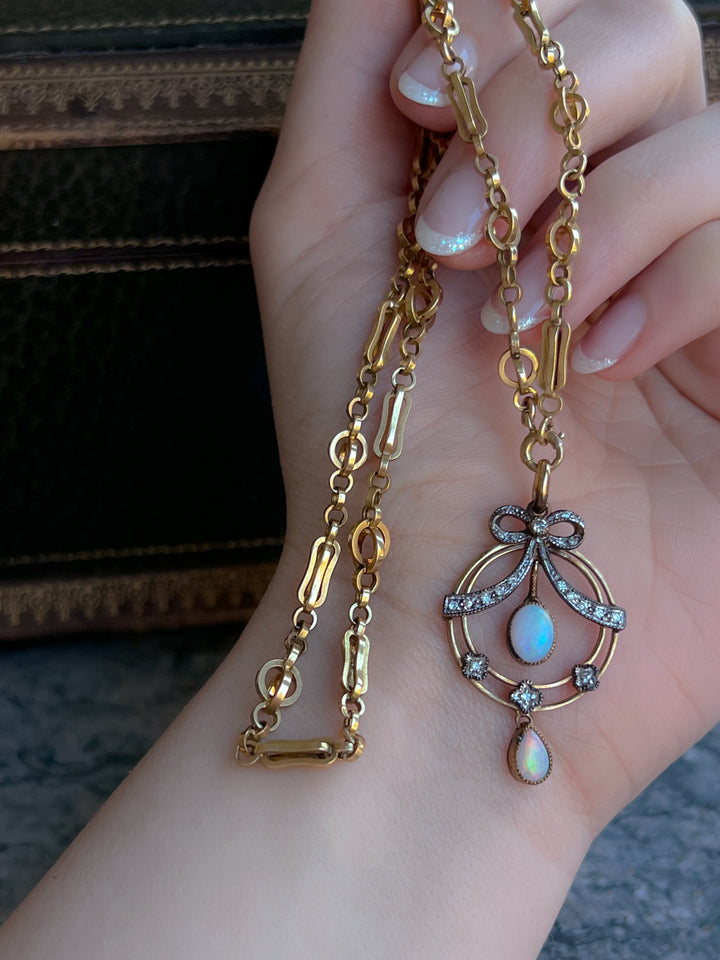 Edwardian Opal and Diamond Bow Pendant