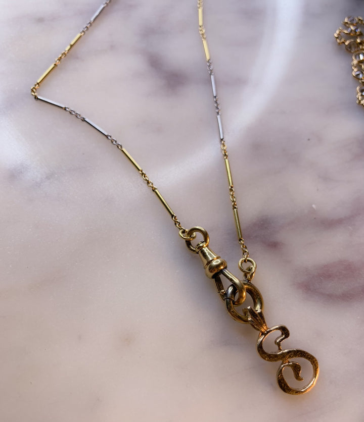 14k Vintage "S" Pendant + 14k American White and Yellow Gold Watch Chain *Include Baci Chocolates*