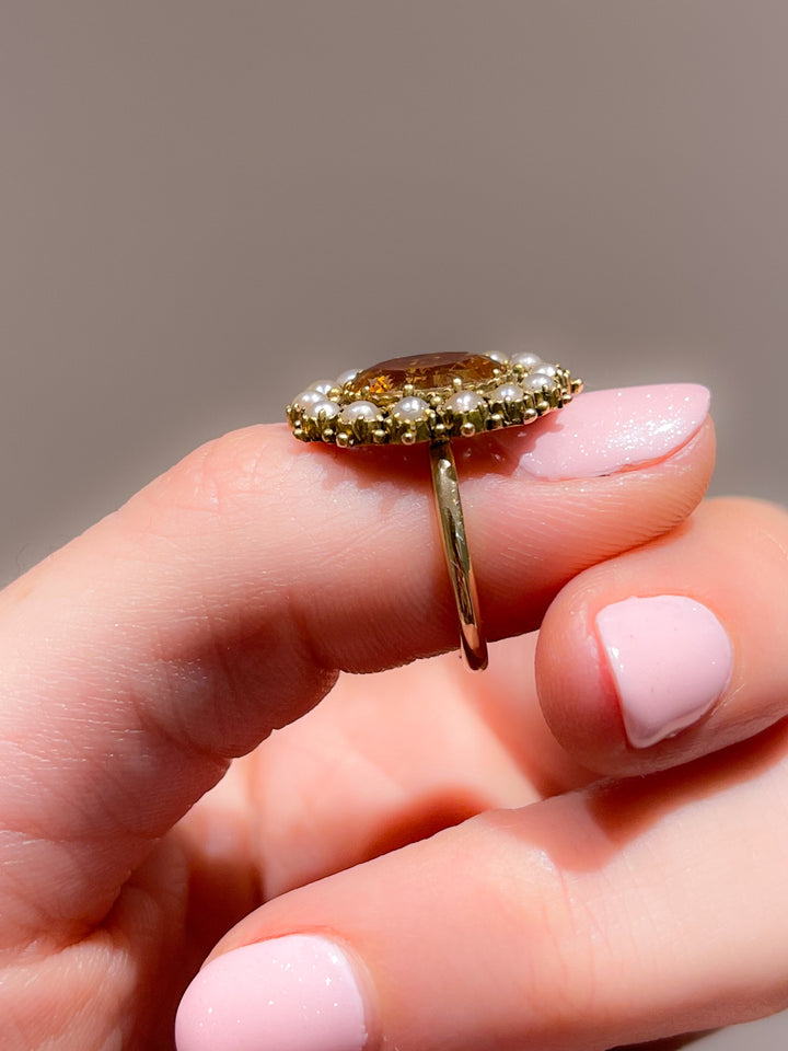 Superb 15ct Topaz and Pearl Mid Victorian Ring