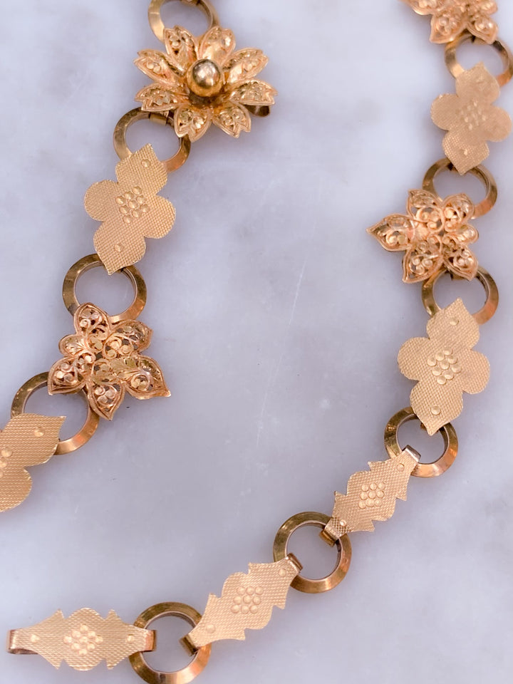 American 18k Floral Book Chain Necklace Circa 1870