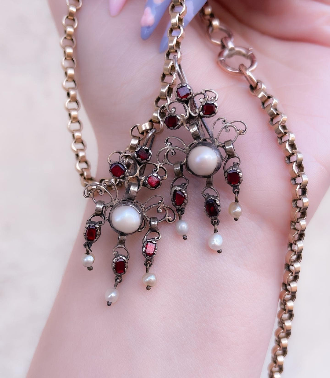 Original 18th Century French Pearl and Garnet Earrings in Sterling Silver