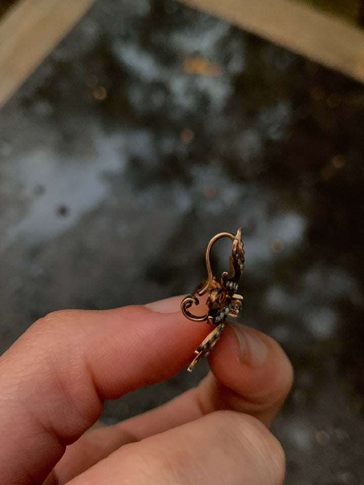 Extremely Cute American 14k Starburst Brooch with S Hook Circa 1900 with Seed Pearls and Diamond, 1” diameter