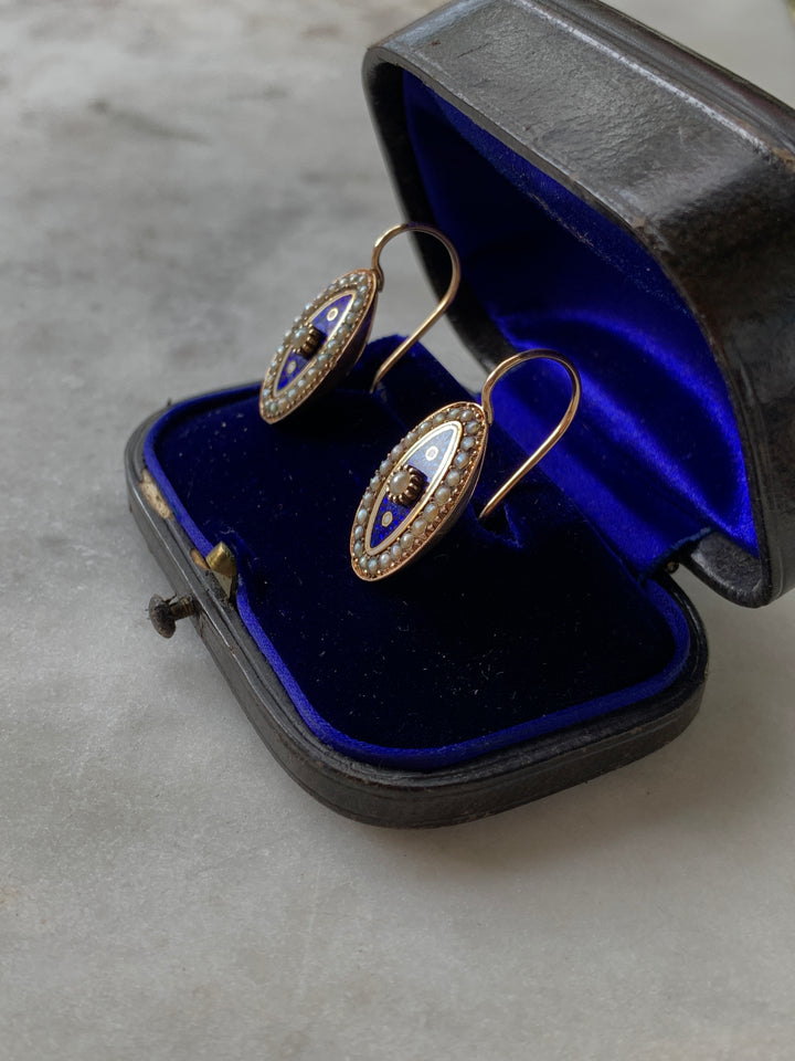 Georgian Blue Enamel and Pearl Earrings Circa 1810