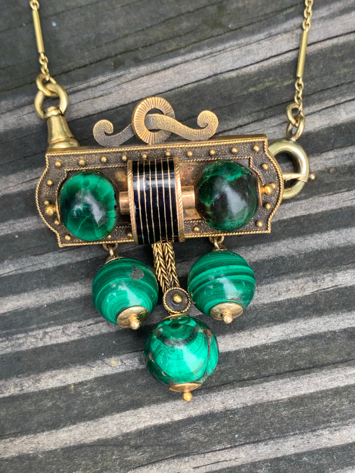 14k Victorian 1860’s Malachite and Black Enamel Ball Brooch