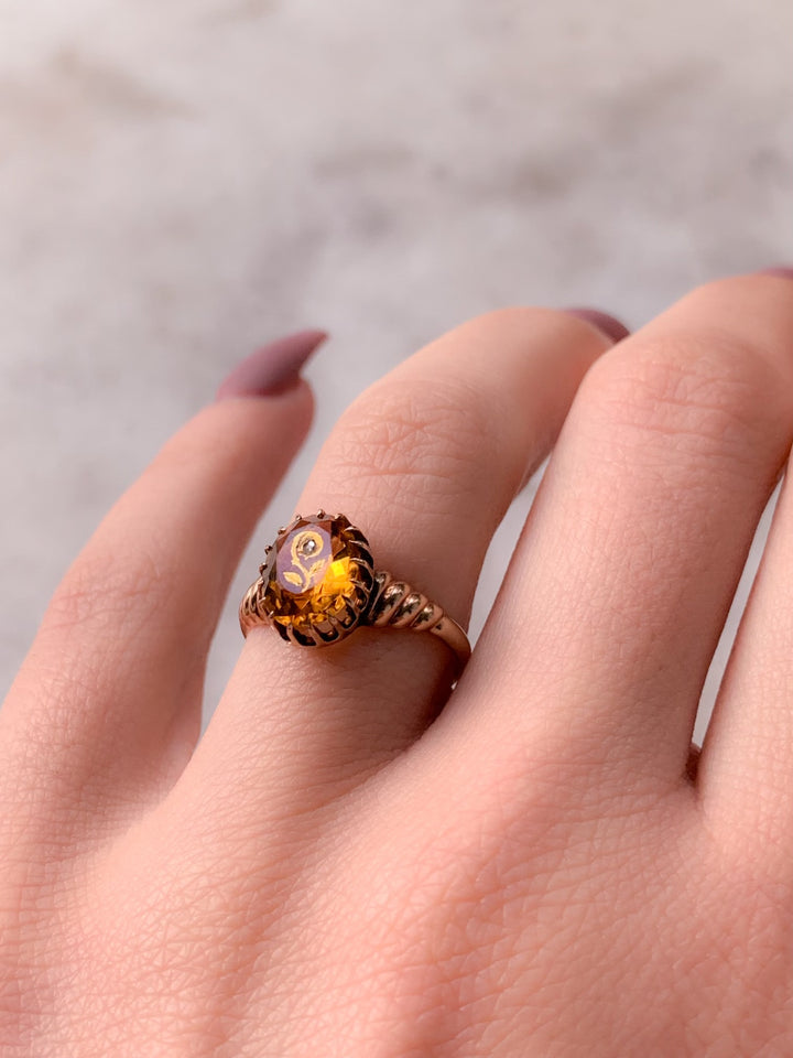Pink Gold and Diamond Set Citrine Ring Circa 1890