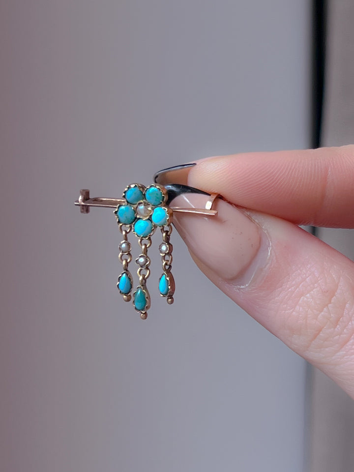18ct Turquoise and Pearl Forget-Me-Not Bar Brooch C. 1870
