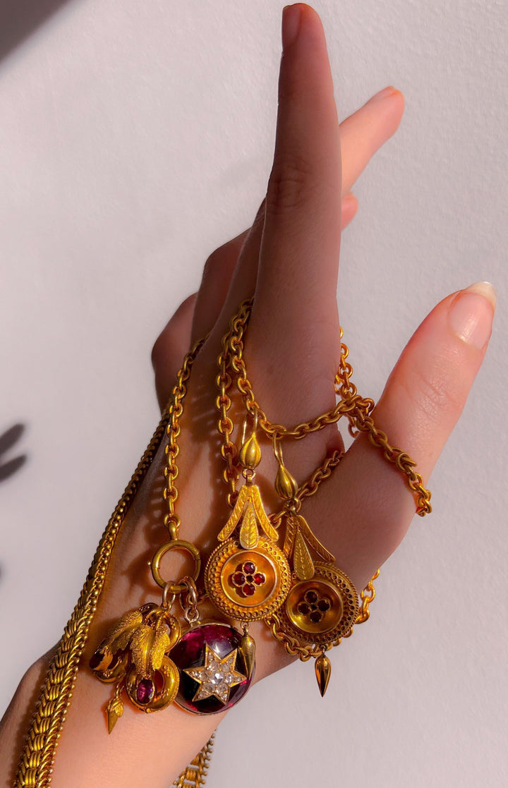 Outrageous Pair of Etruscan Revival Garnet Paste Earrings