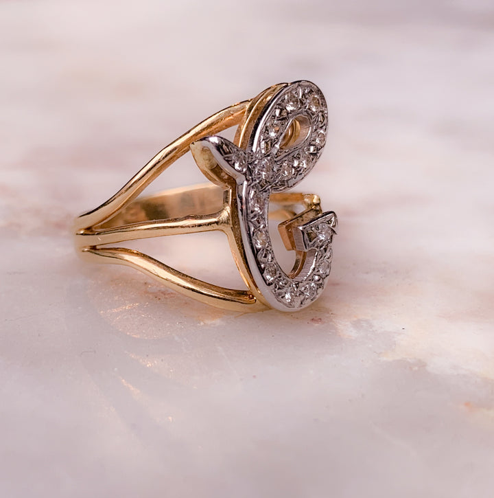 14k Diamond Studded "C" Ring Circa 1990 *