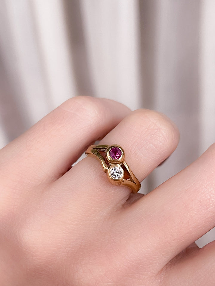 14k Bezel Set Ruby and Diamond Toi-Et-Moi Ring