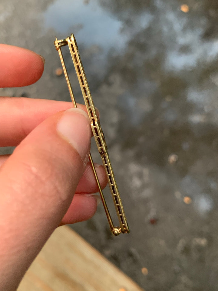 Stunning 14ct American Bar Brooch with Natural Sapphire Circa 1910, Pre-Deco, 2.25” length