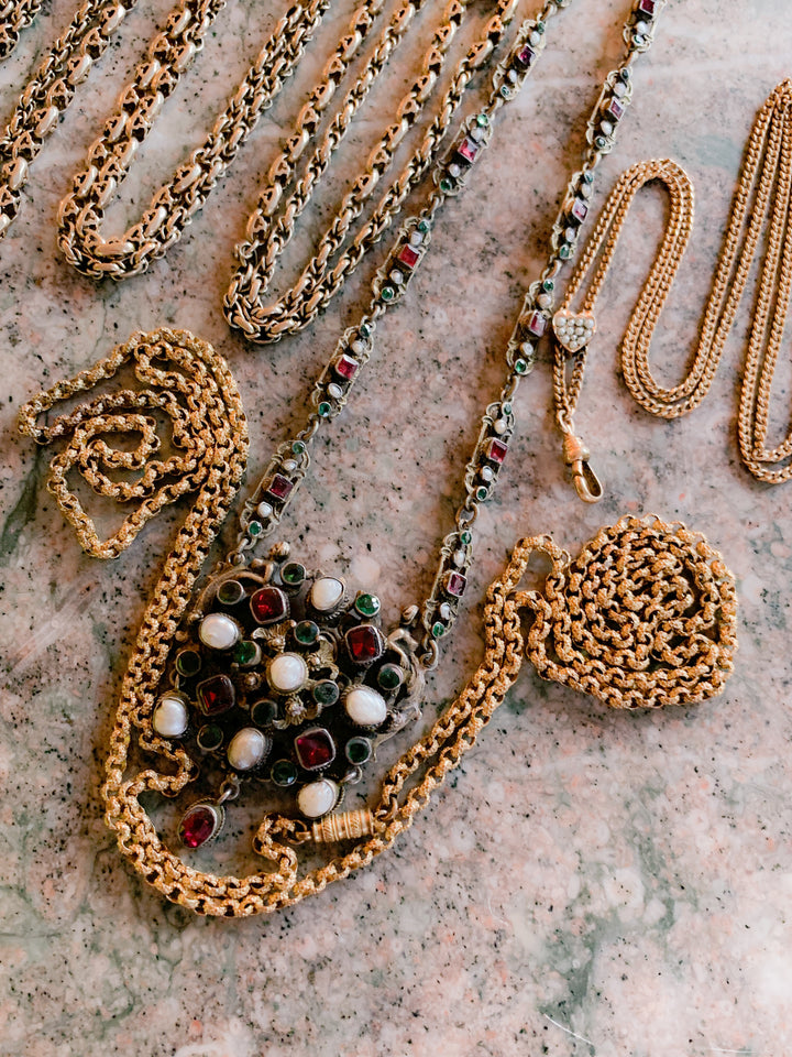 Sterling Silver, Garnet, Pearl, and Emerald Paste Austro-Hungarian Necklace