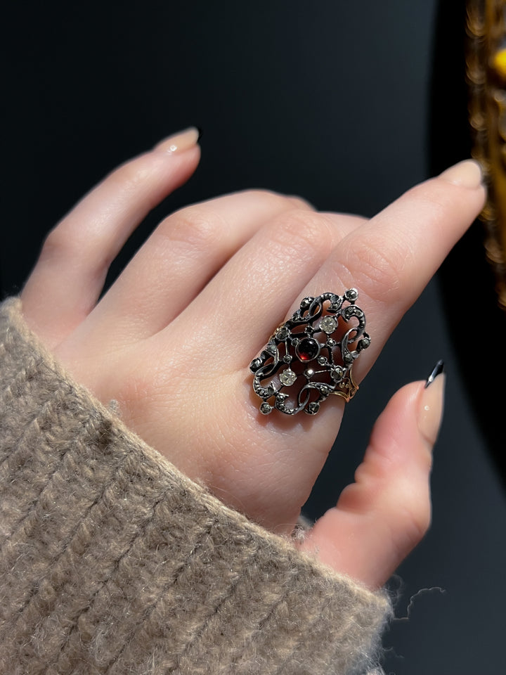 Fine 19th C French Marcasite, Diamond And Garnet Ring