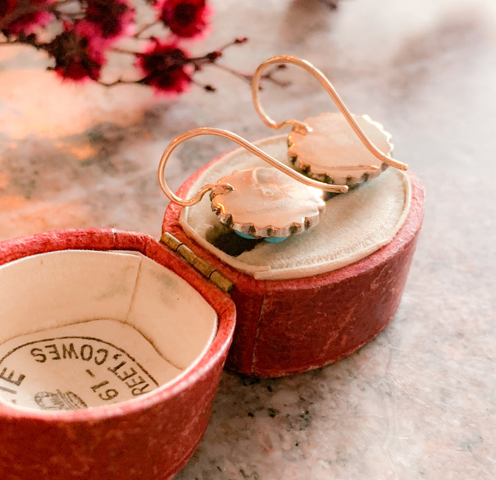 *White Ribbon* Exceptional Victorian Turquoise and Rose-Cut Diamond Earrings in 15k