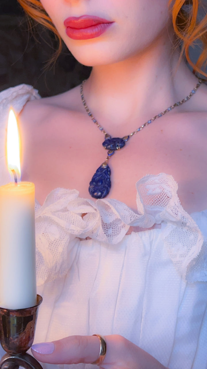 Art Deco Lapis and Enamel Lavaliere Chain in 14k