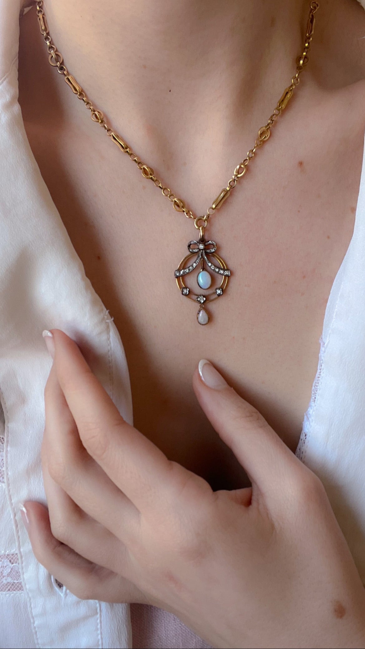 Edwardian Opal and Diamond Bow Pendant