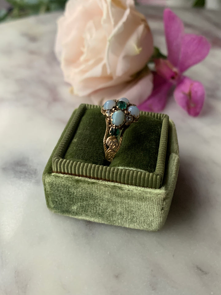 15k Victorian Opal, Emerald, and Diamond Locket Ring