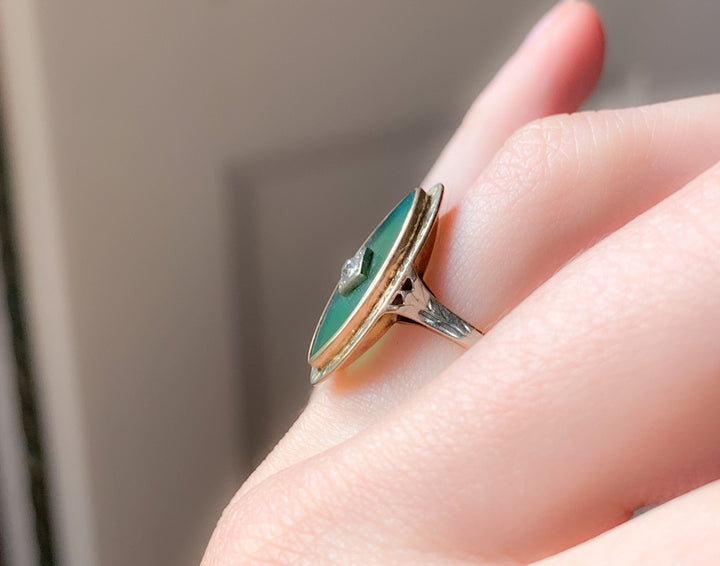 Glorious Green Chrysoprase and Diamond Ring in 10k