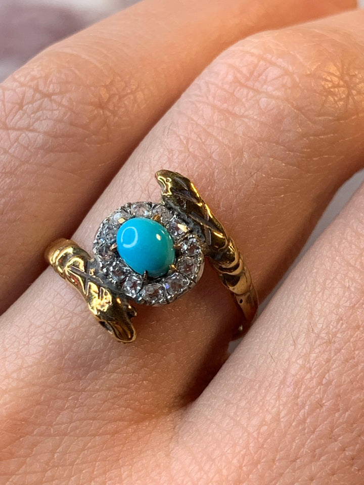 “The Serpent and the Egg” Turquoise & Diamond Snake Ring in 14k