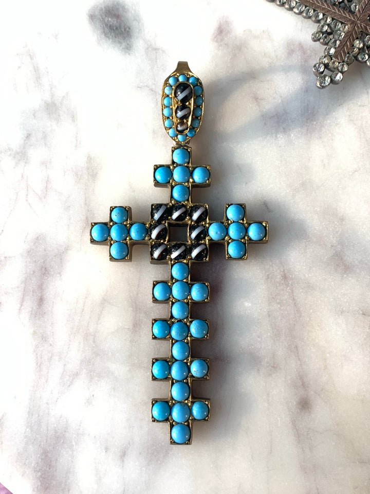 Victorian Pinchbeck Cross 1860’s with Natural Turquoise and Side-Set Black Onyx