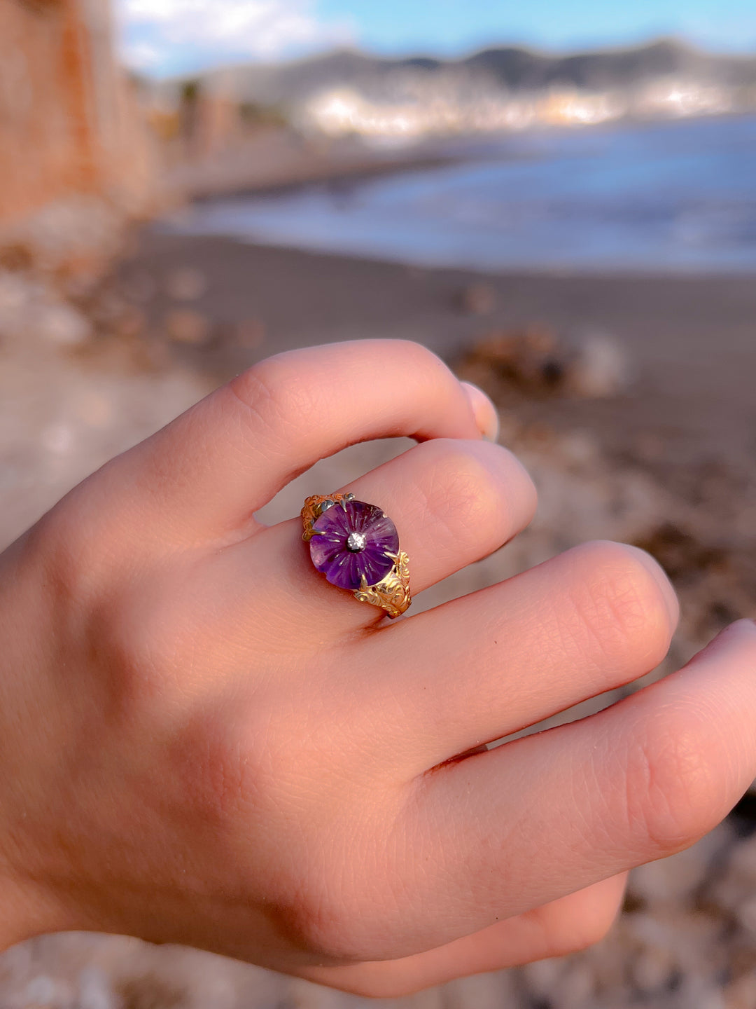 Exceptional Late 19th C Carved Amethyst Flower Conversion Ring