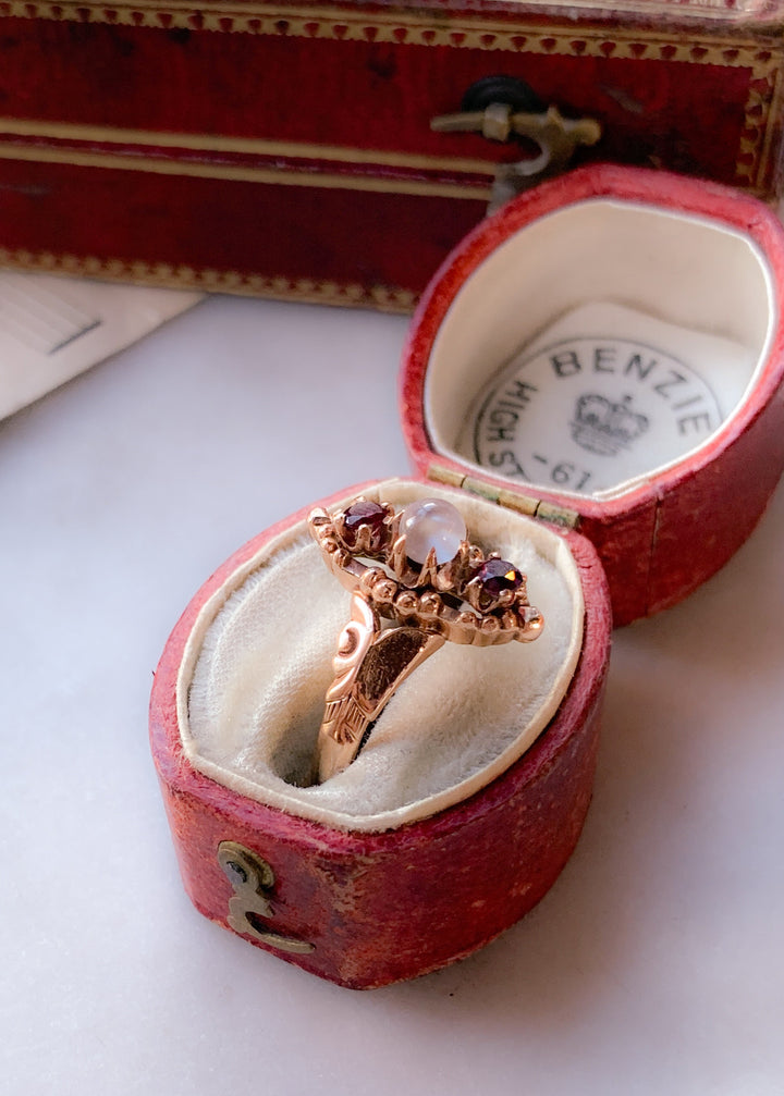 Arts and Crafts Diamond Navette Ring in 18k + Moonstone & Garnet Ring COMBO