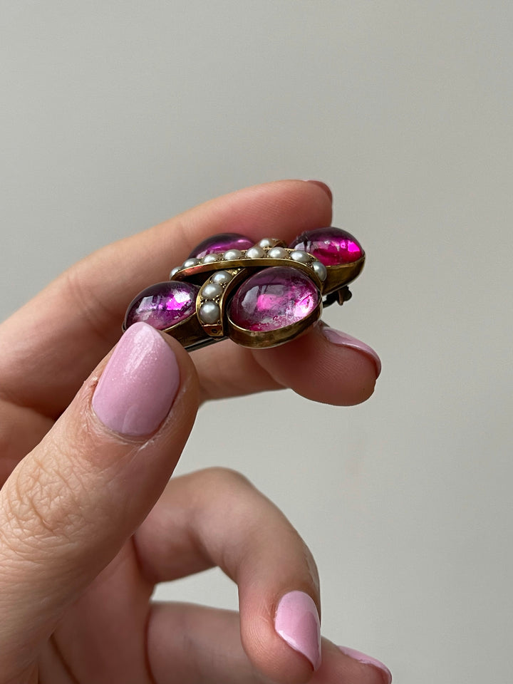 Victorian Vivid Pink Foiled Rock Crystal Brooch in 15k with Pearls