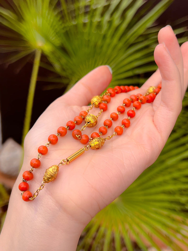 Coral and 15k Archaeological Revival Victorian Necklace