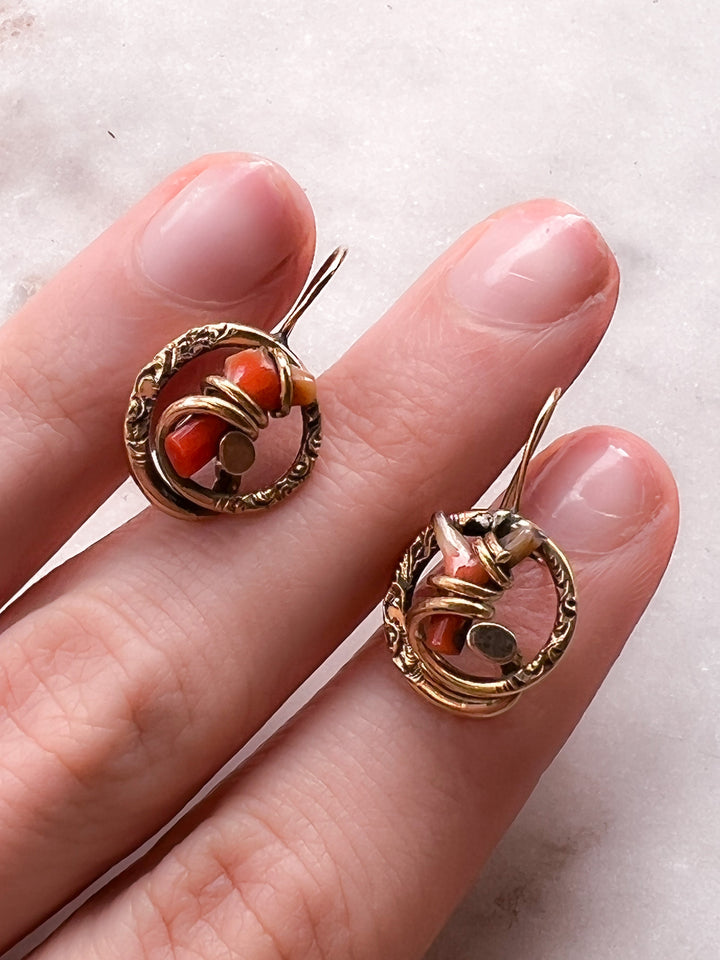10k Victorian Coral Earrings with Love Knot Etched Wrap