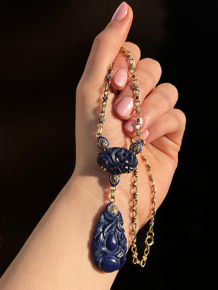Art Deco Lapis and Enamel Lavaliere Chain in 14k