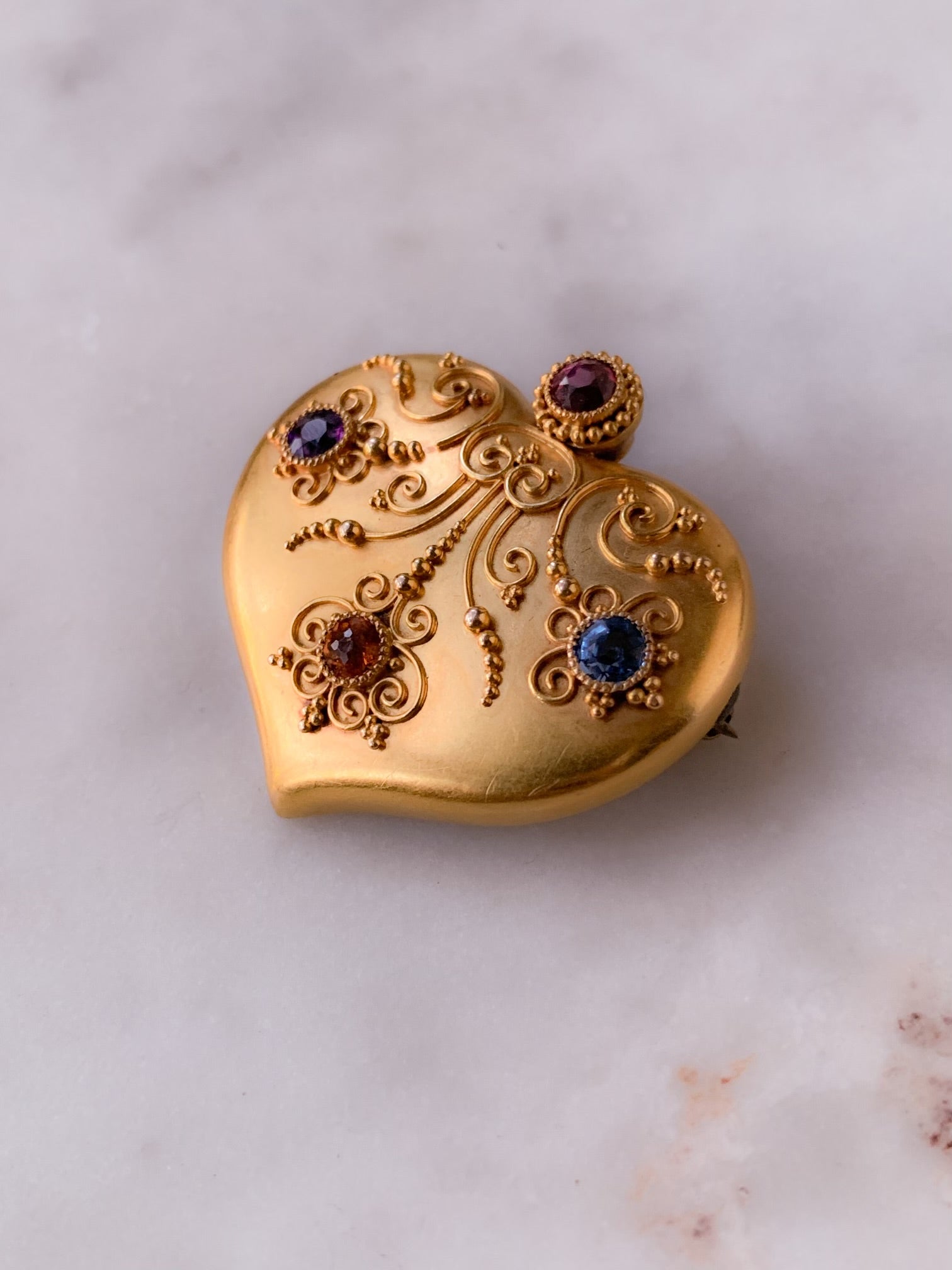 15k Etruscan Revival Heart with Natural Gems Circa 1870 *
