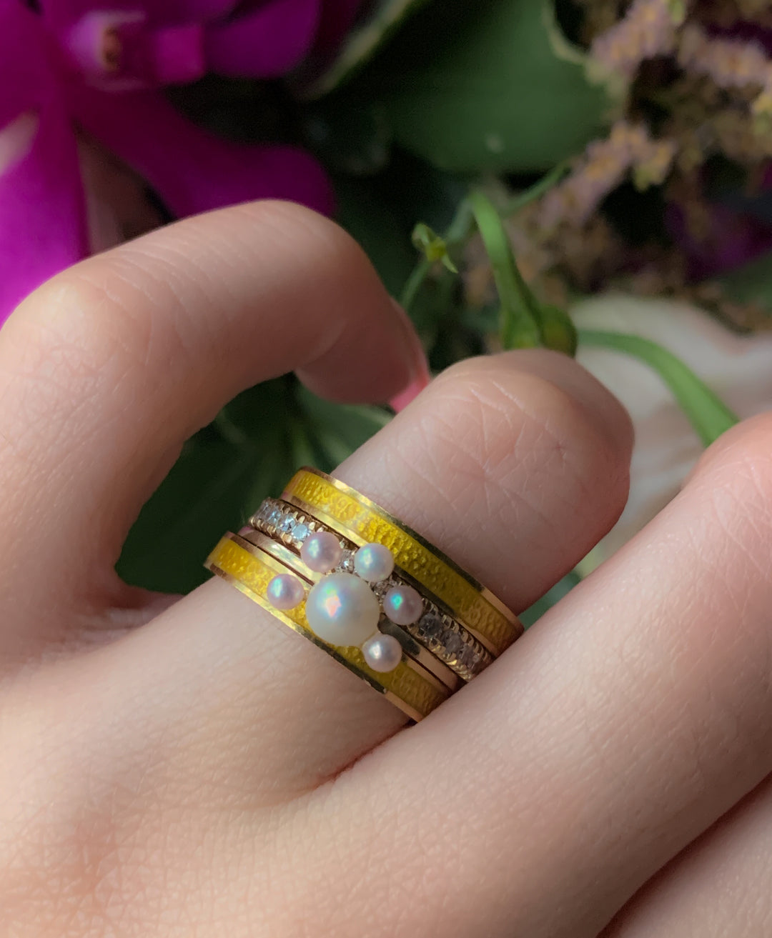 Perfect Pair of 18ct and Yellow Enamel Bands