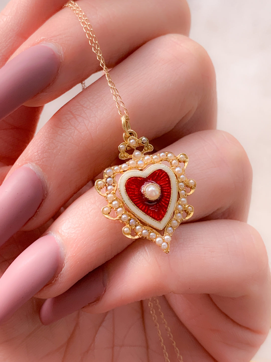 Victorian 15k Red Heart Pendant with Pearls Circa 1890 *include red ribbon*