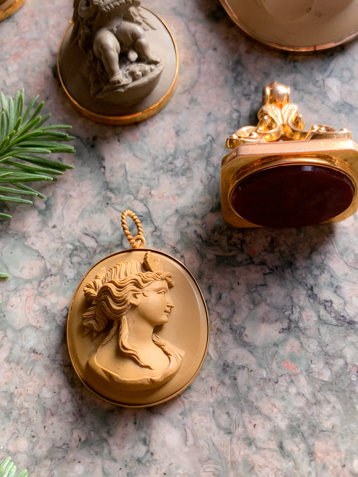 Italian Carved Lava Cameo of Goddess Diana *