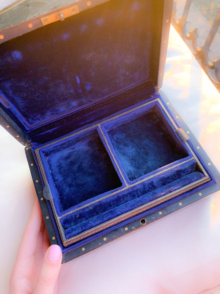 Victorian Dome Top Leather & Blue Velvet Jewel Box