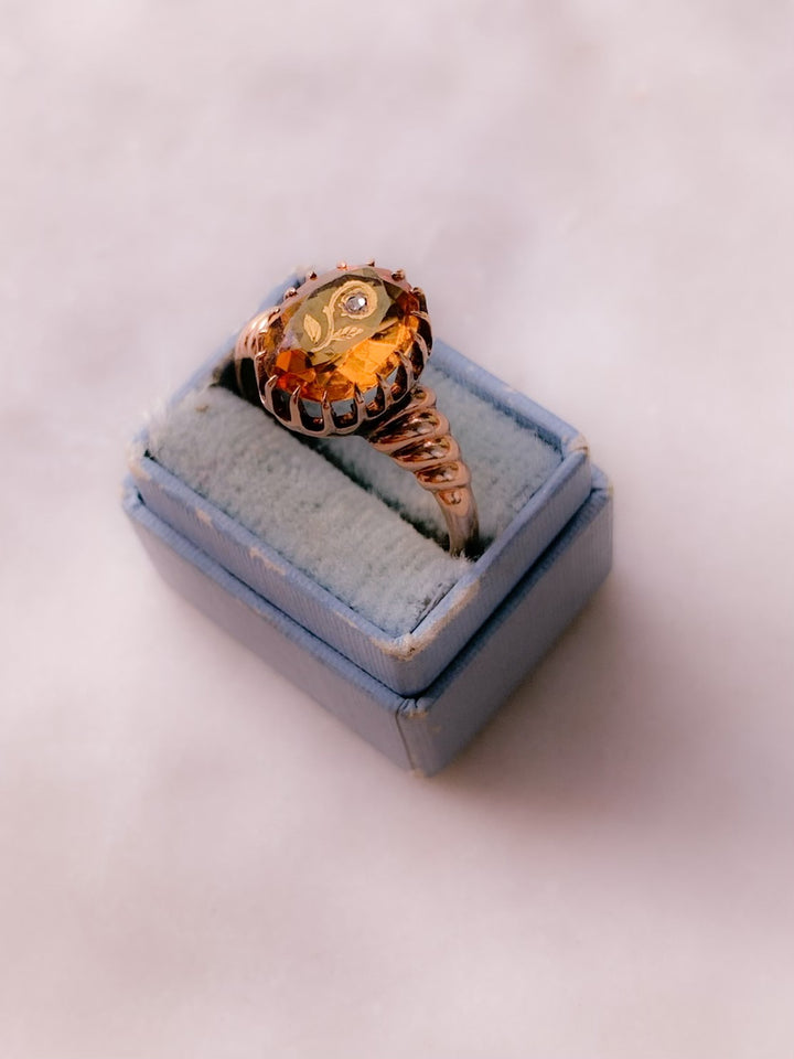 Pink Gold and Diamond Set Citrine Ring Circa 1890