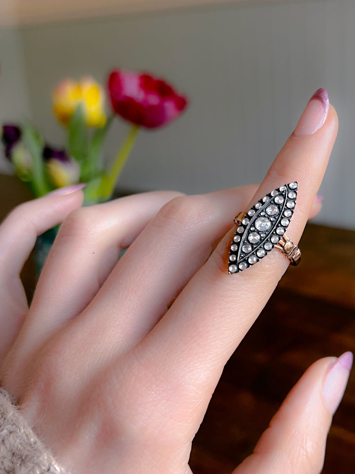 Superb Victorian Rose Cut Diamond Navette Ring in 14ct