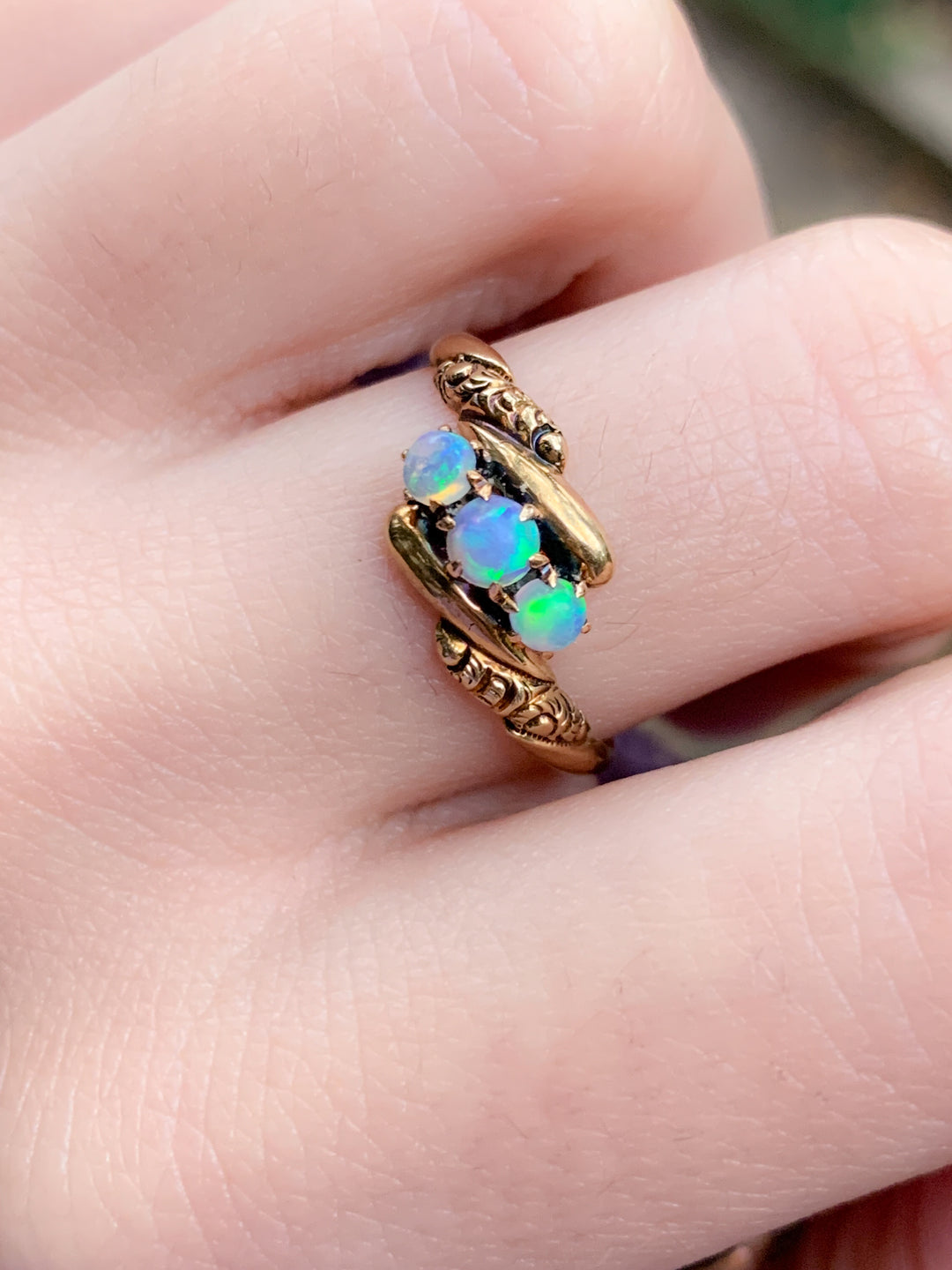 Exceptional American Australian Opal Ring in 14k + 14k Three Stone Diamond Ring
