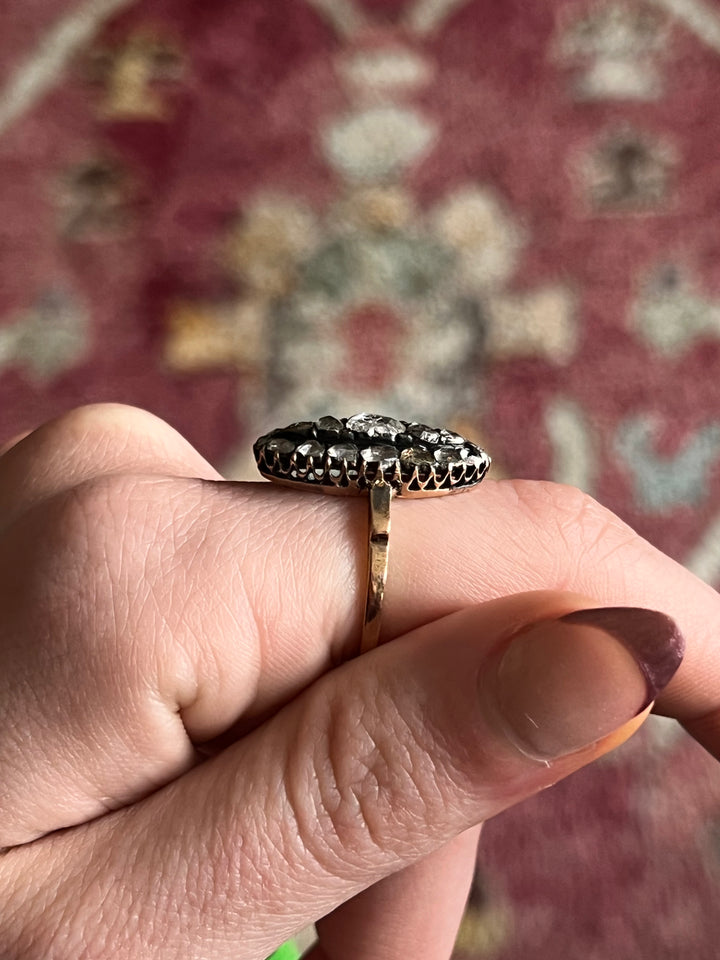 Stunning French Victorian Rose Cut Diamond Navette Ring in 14ct