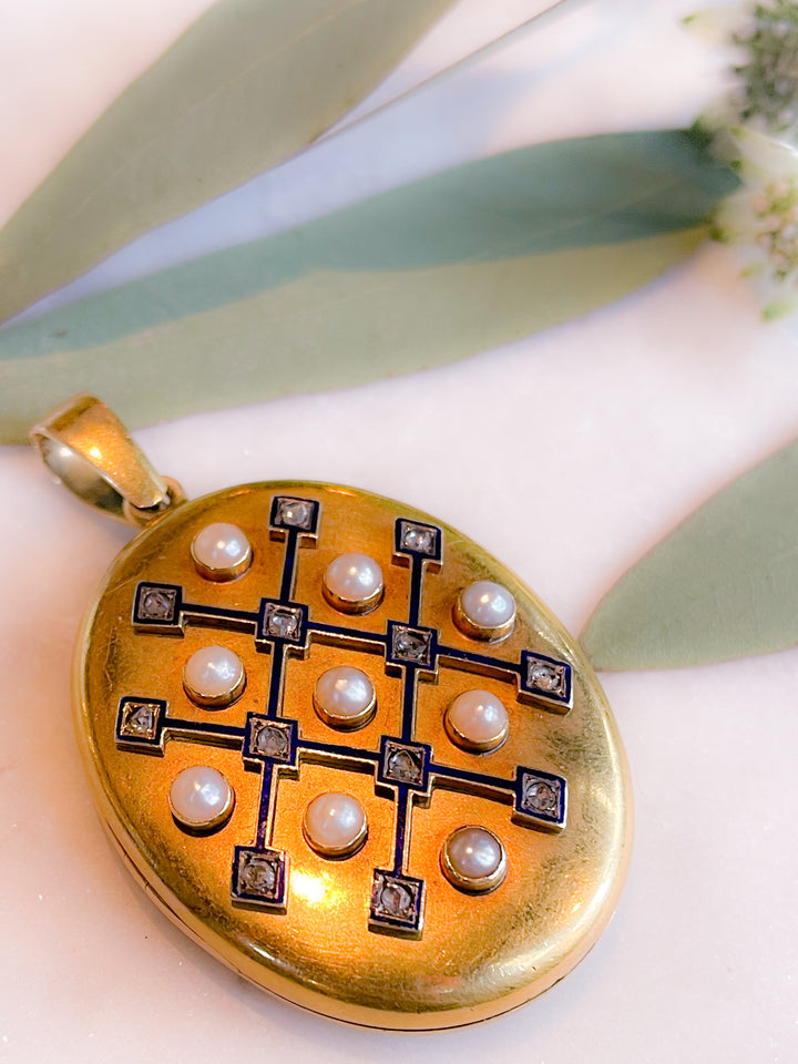 Pearl, Rose-Cut Diamond, and Blue Enamel 18k Locket