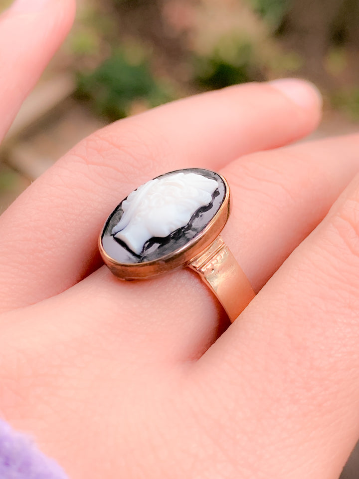 Victorian Bezel Set Onyx Cameo Ring in 14k