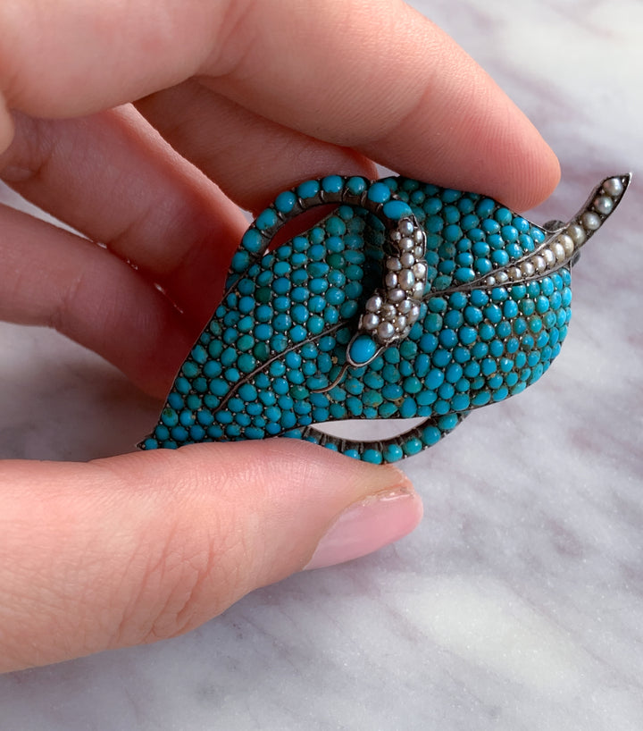 Sterling Victorian Serpent Brooch of 2” in Pearl, Turquoise and Garnet