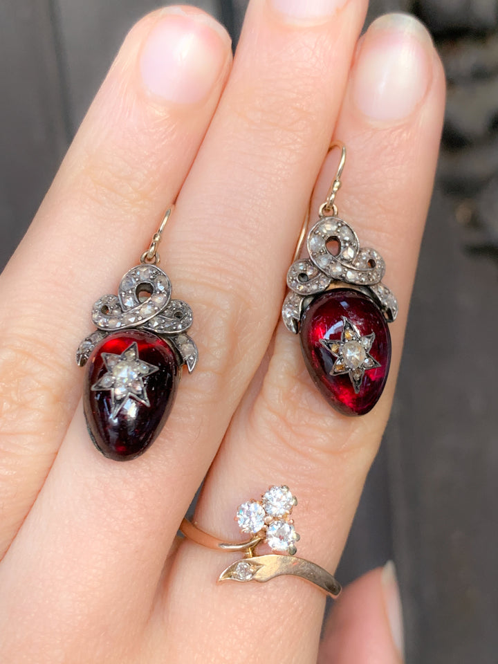 Victorian 15k Diamond and Garnet Crowned Heart Cabochon Earrings