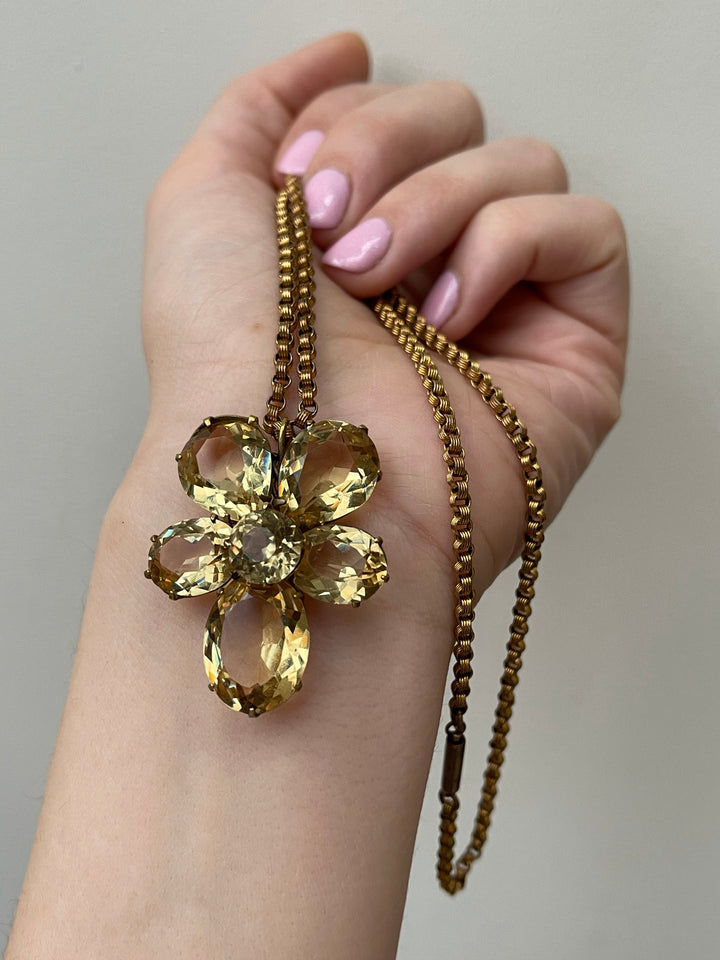 Mid 19th Century Citrine Paste Pansy on Gold Over Brass Chain *Include Yellow Velvet Riibon*
