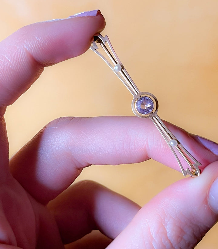 Amethyst and Pearl Bar Brooch in 14k