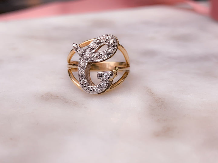 14k Diamond Studded "C" Ring Circa 1990 *